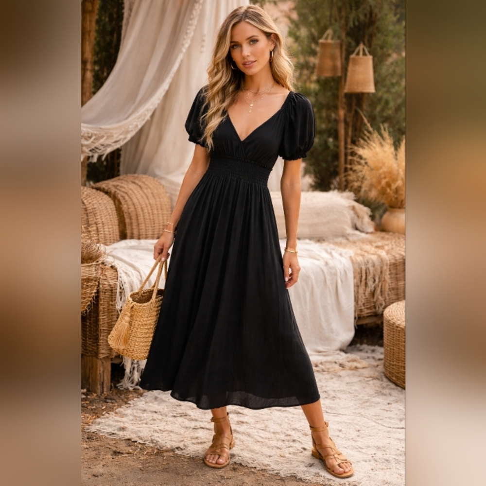 Devoted 100% Rayon Black Puff Sleeve Midi Dress Smocked Waist Boho Elegant Flowy